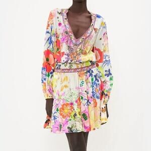 Camilla Fairy Gang Shirred Relaxed Dress Womens M Silk Floral V-neck Long Short